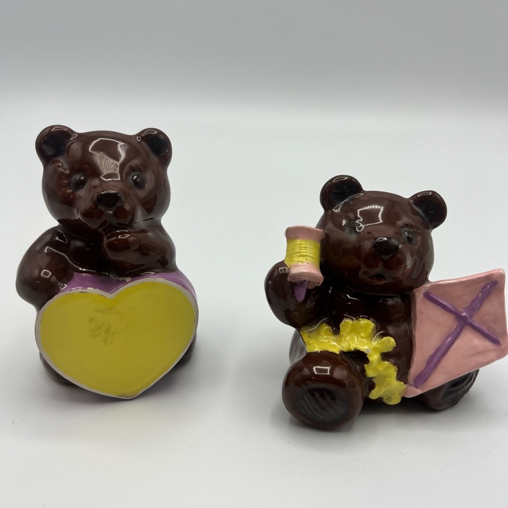 Set Of 2 Beautifully Hand Painted Ceramic/porcelain brown Yellow Pink Bears Mini